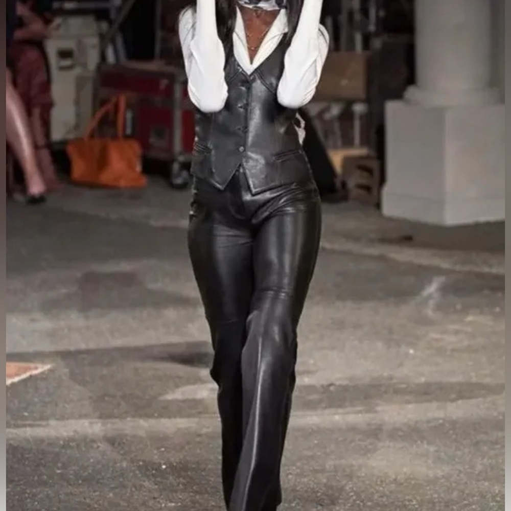 Classic Black Leather High-Rise Wide-Leg Pants